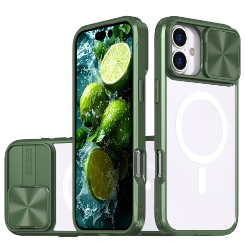 

For iPhone 16 Plus Clear Acrylic + PC + TPU MagSafe Lens Sliding Cover Full Coverage Phone Case(Olive Green)