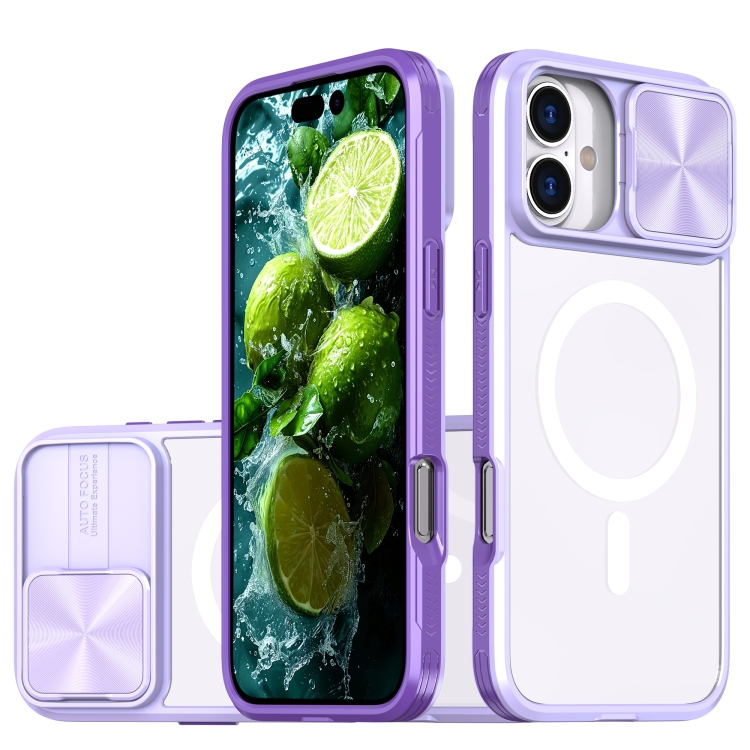 

For iPhone 16 Clear Acrylic + PC + TPU MagSafe Lens Sliding Cover Full Coverage Phone Case(Purple)