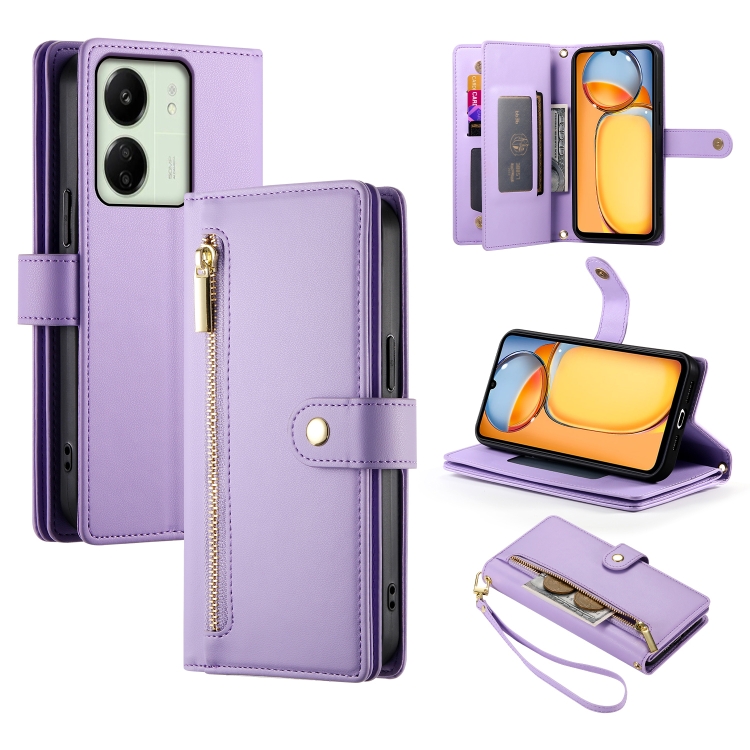 

For Redmi 13R / Xiaomi Poco M6 Nine Card-slot Zipper Wallet Bag Leather Phone Case(Purple)