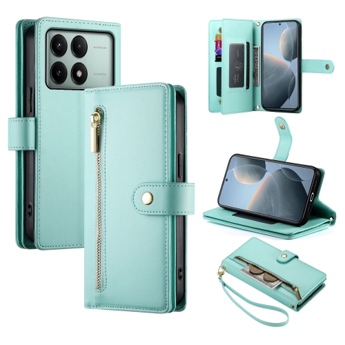 

For Redmi K70E / Xiaomi Poco X6 Pro Nine Card-slot Zipper Wallet Bag Leather Phone Case(Mint Green)