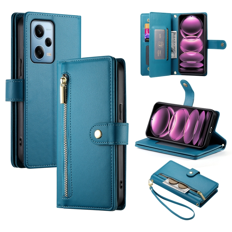 

For Redmi Note 12 Pro / Xiaomi Poco X5 Pro Nine Card-slot Zipper Wallet Bag Leather Phone Case(Blue)
