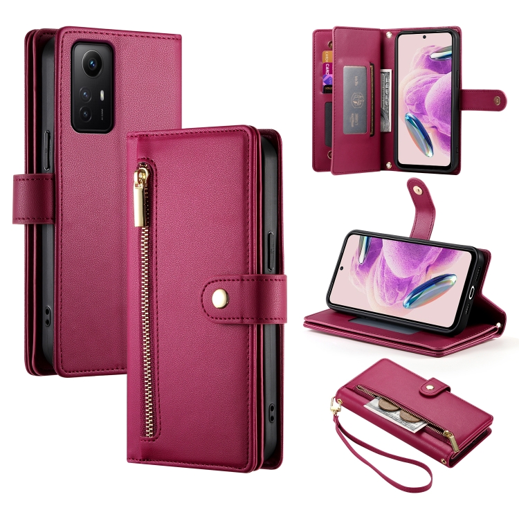 

For Redmi Note 11S 4G Nine Card-slot Zipper Wallet Bag Leather Phone Case(Red)