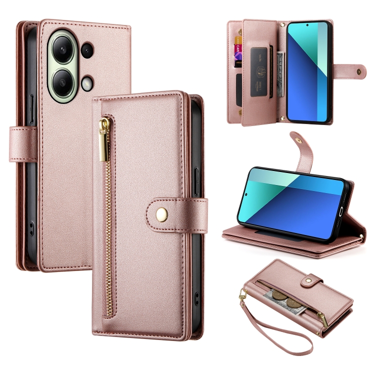 

For Redmi Note 13 4G Nine Card-slot Zipper Wallet Bag Leather Phone Case(Pink)