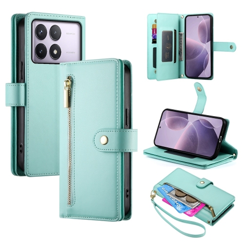 

For Redmi K70 Nine Card-slot Zipper Wallet Bag Leather Phone Case(Mint Green)