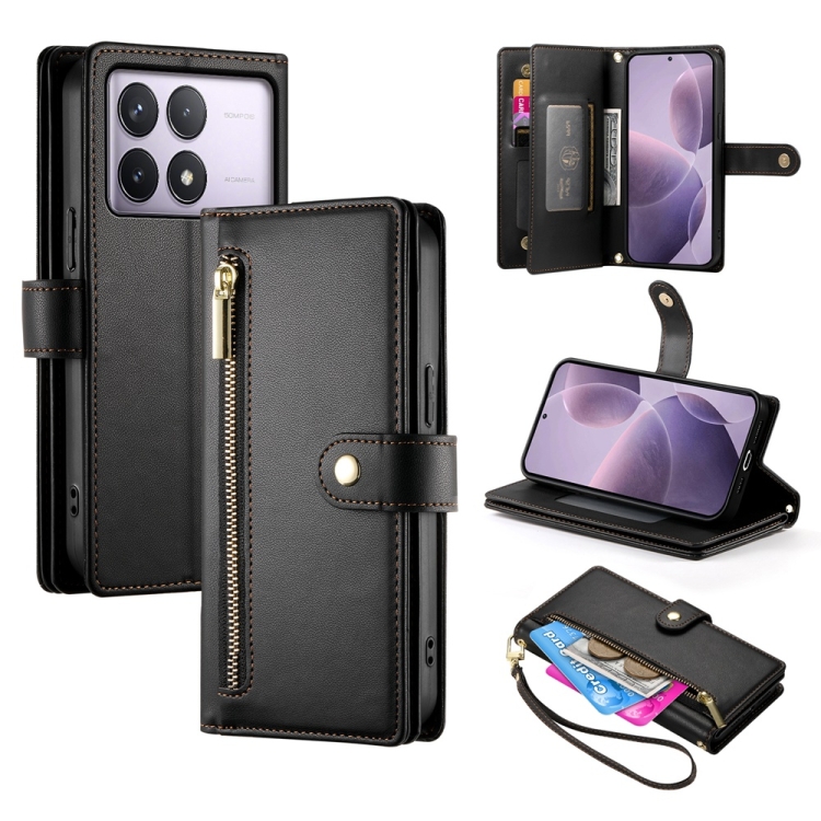 

For Redmi K70 Nine Card-slot Zipper Wallet Bag Leather Phone Case(Black)