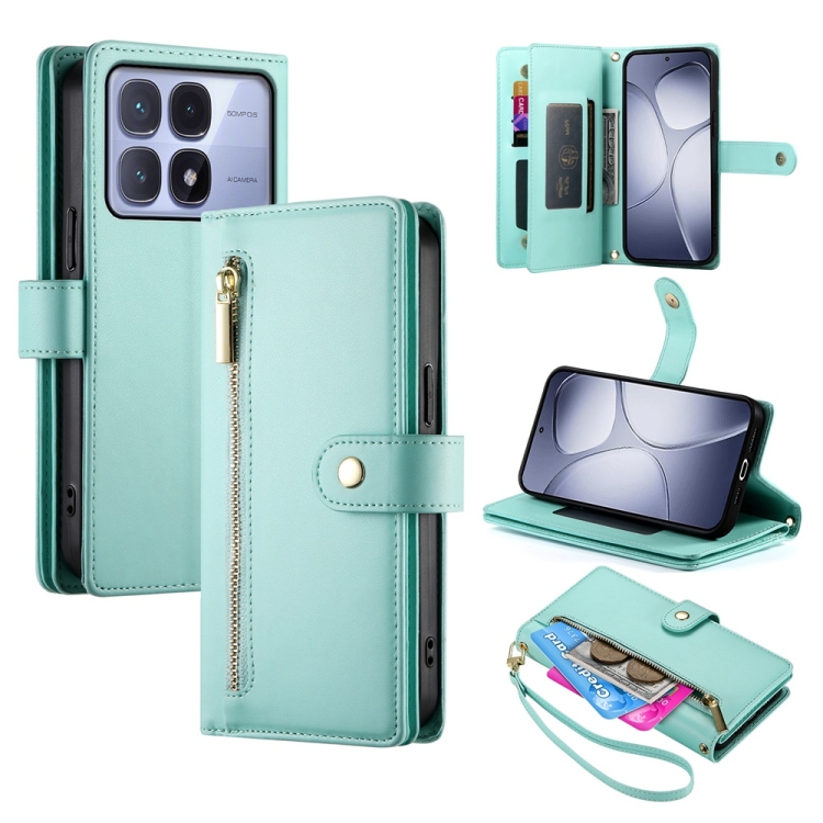 

For Redmi K70 Ultra Nine Card-slot Zipper Wallet Bag Leather Phone Case(Mint Green)