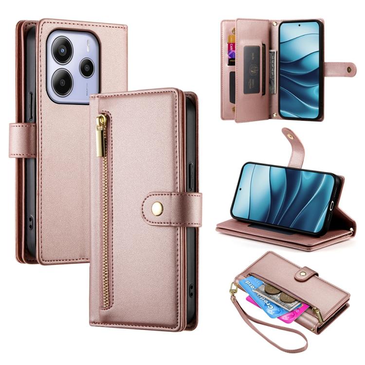 

For Redmi Note 14 4G 163.25mm Global Nine Card-slot Zipper Wallet Bag Leather Phone Case(Pink)