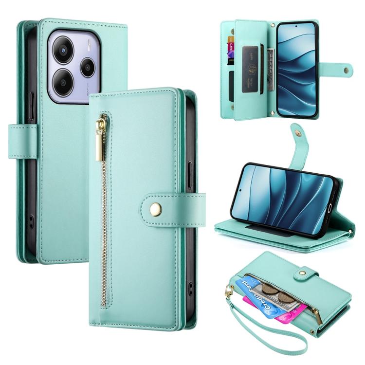 

For Redmi Note 14 4G 163.25mm Global Nine Card-slot Zipper Wallet Bag Leather Phone Case(Mint Green)