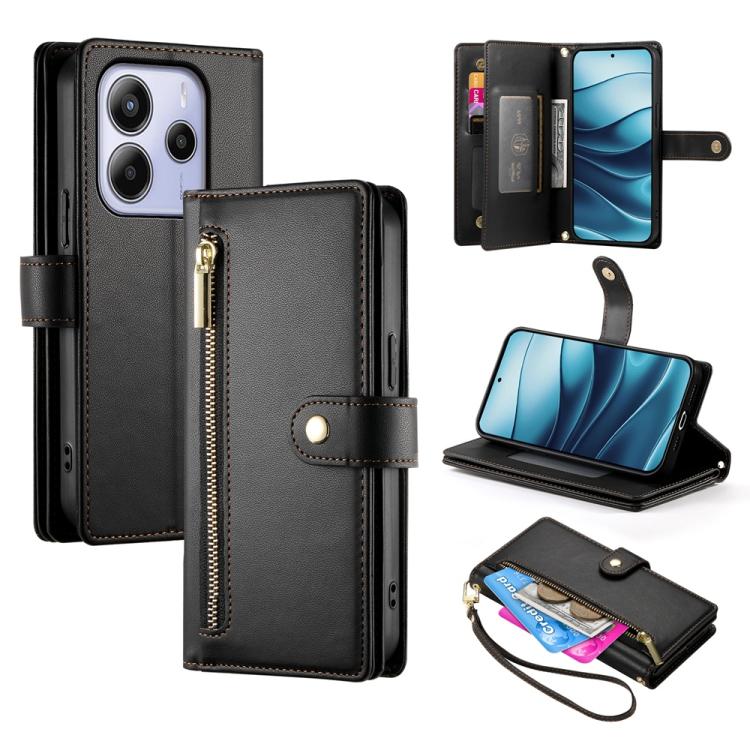

For Redmi Note 14 4G 163.25mm Global Nine Card-slot Zipper Wallet Bag Leather Phone Case(Black)
