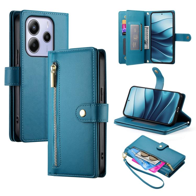 

For Redmi Note 14 4G 163.25mm Global Nine Card-slot Zipper Wallet Bag Leather Phone Case(Blue)