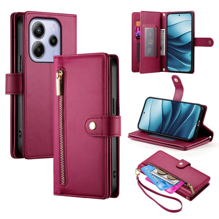 

For Redmi Note 14 4G 164.84mm Nine Card-slot Zipper Wallet Bag Leather Phone Case(Red)
