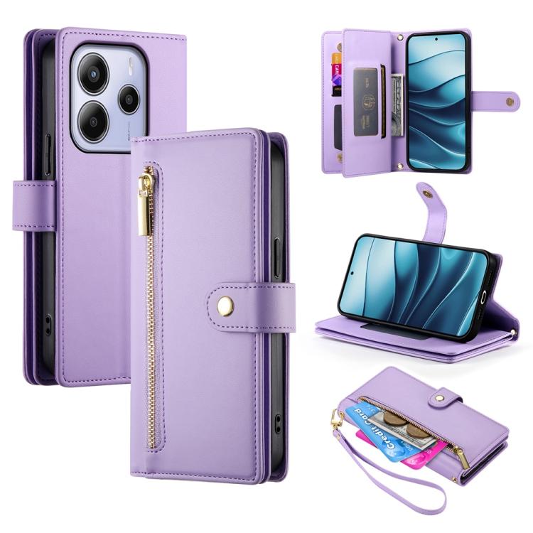 

For Redmi Note 14 4G 164.84mm Nine Card-slot Zipper Wallet Bag Leather Phone Case(Purple)