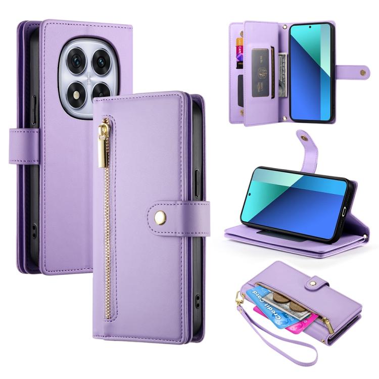 

For Redmi Note 14 Pro 4G Nine Card-slot Zipper Wallet Bag Leather Phone Case(Purple)