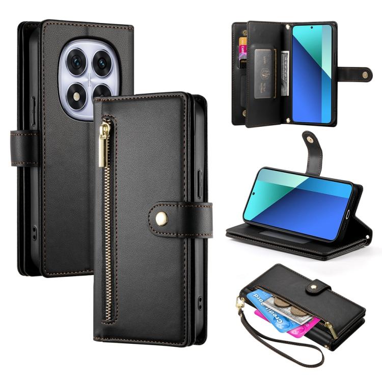 

For Redmi Note 14 Pro 4G Nine Card-slot Zipper Wallet Bag Leather Phone Case(Black)