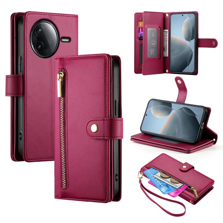 

For Redmi K80 / K80 Pro Nine Card-slot Zipper Wallet Bag Leather Phone Case(Red)