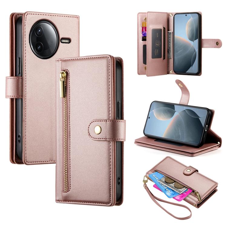 

For Redmi K80 / K80 Pro Nine Card-slot Zipper Wallet Bag Leather Phone Case(Pink)