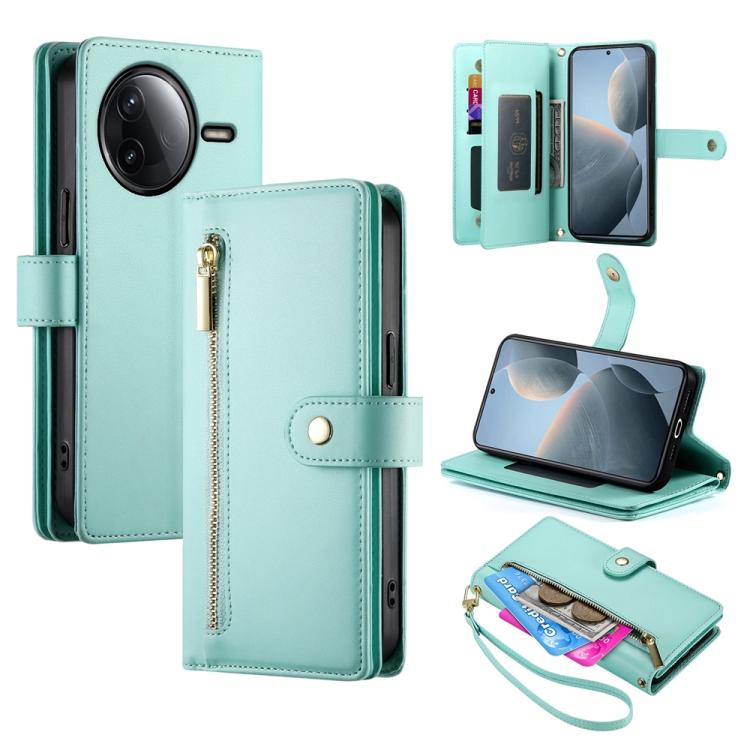 

For Redmi K80 / K80 Pro Nine Card-slot Zipper Wallet Bag Leather Phone Case(Mint Green)