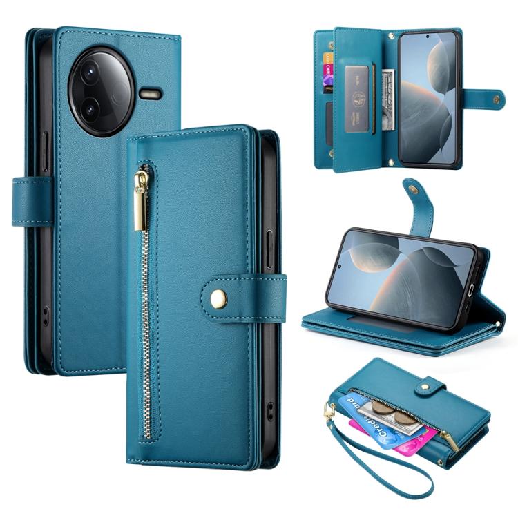 

For Redmi K80 / K80 Pro Nine Card-slot Zipper Wallet Bag Leather Phone Case(Blue)