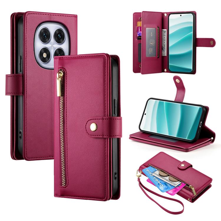 

For Redmi Note 15 4G / 5G 164mm / Poco M8 5G Nine Card-slot Zipper Wallet Bag Leather Phone Case(Red)