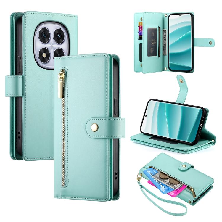 

For Redmi Note 15 Pro 5G Global 163.6mm Nine Card-slot Zipper Wallet Bag Leather Phone Case(Mint Green)