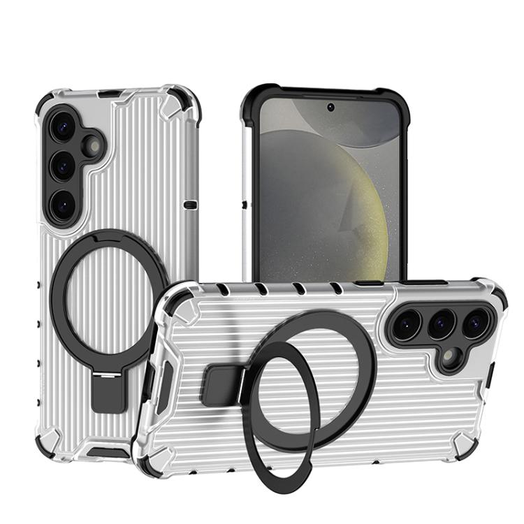 

For Samsung Galaxy S25 5G Grating 360 Degree Rotating Holder Shockproof Phone Case(Transparent)