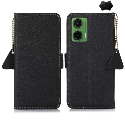 

For Motorola Moto G35 Side-Magnetic TJ Genuine Leather RFID Phone Case(Black)