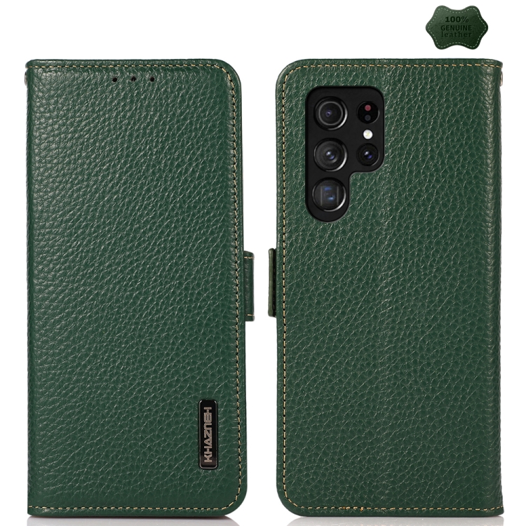 

For Samsung Galaxy S25 Ultra 5G KHAZNEH Side-Magnetic Litchi Genuine Leather RFID Phone Case(Green)