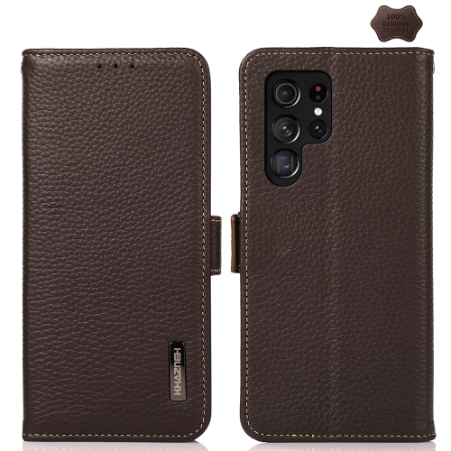 

For Samsung Galaxy S25 Ultra 5G KHAZNEH Side-Magnetic Litchi Genuine Leather RFID Phone Case(Brown)