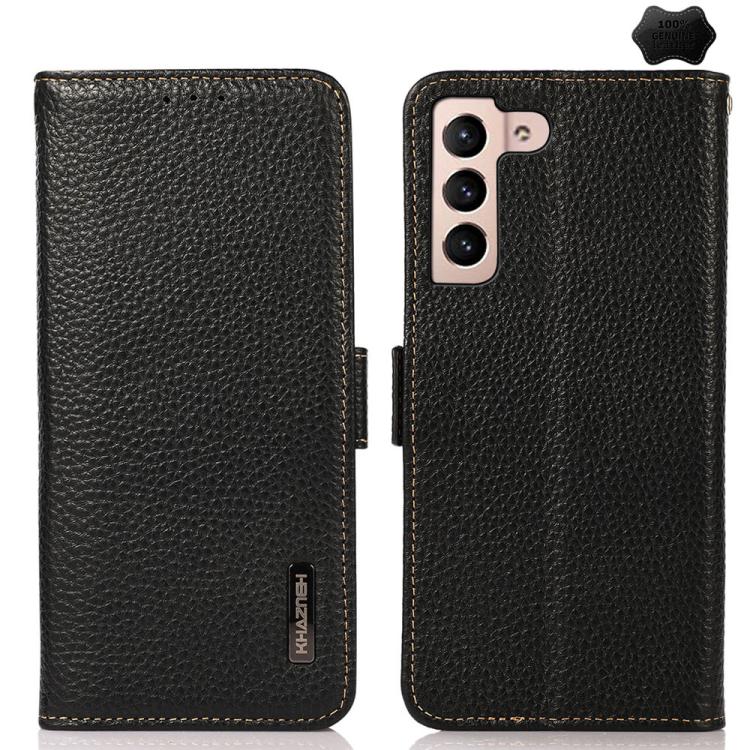 

For Samsung Galaxy S25 FE 5G KHAZNEH Side-Magnetic Litchi Genuine Leather RFID Phone Case(Black)