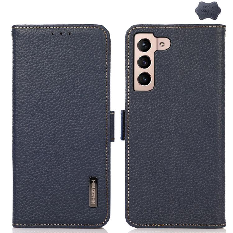 

For Samsung Galaxy S25 FE 5G KHAZNEH Side-Magnetic Litchi Genuine Leather RFID Phone Case(Blue)