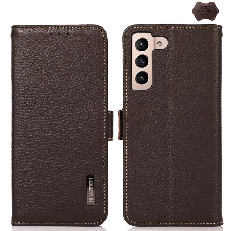 

For Samsung Galaxy S25 FE 5G KHAZNEH Side-Magnetic Litchi Genuine Leather RFID Phone Case(Brown)