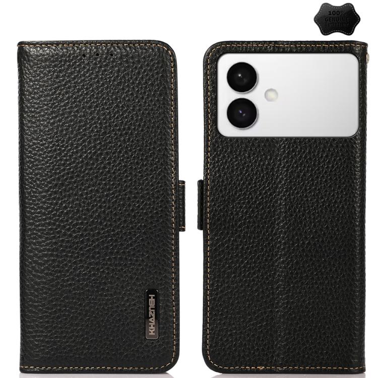 

For Samsung Galaxy S26 Edge 5G KHAZNEH Side-Magnetic Litchi Genuine Leather RFID Phone Case(Black)