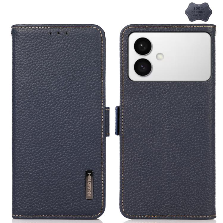 

For Samsung Galaxy S26 Edge 5G KHAZNEH Side-Magnetic Litchi Genuine Leather RFID Phone Case(Blue)