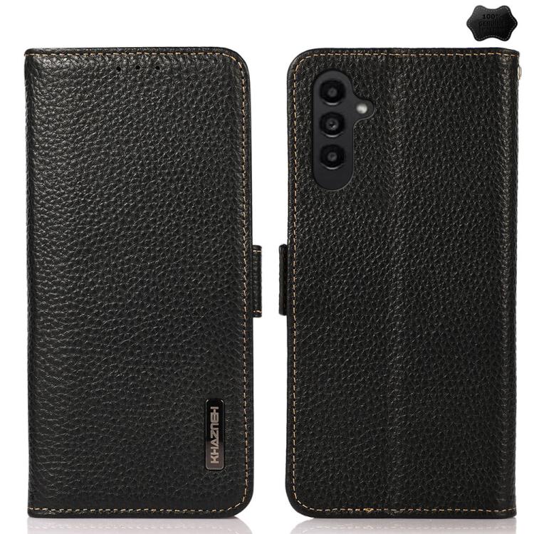 For Galaxy S26 FE 5G KHAZNEH Side-Magnetic Litchi Genuine Leather RFID Phone Case(Black)