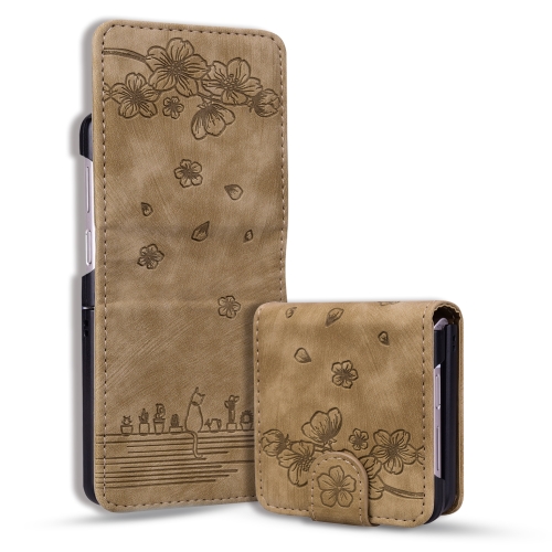 

For Samsung Galaxy Z Flip6 Cartoon Sakura Cat Embossed Leather Phone Case(Brown)