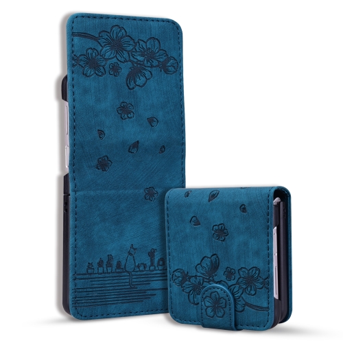 

For Samsung Galaxy Z Flip5 Cartoon Sakura Cat Embossed Leather Phone Case(Royal Blue)