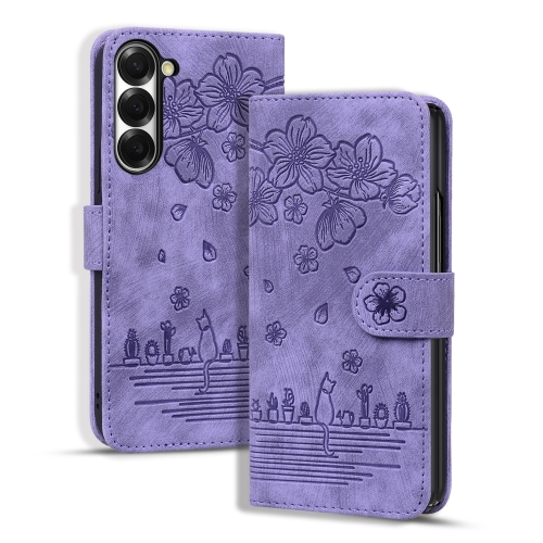 

For Samsung Galaxy Z Fold6 Cartoon Sakura Cat Embossed Leather Phone Case(Purple)