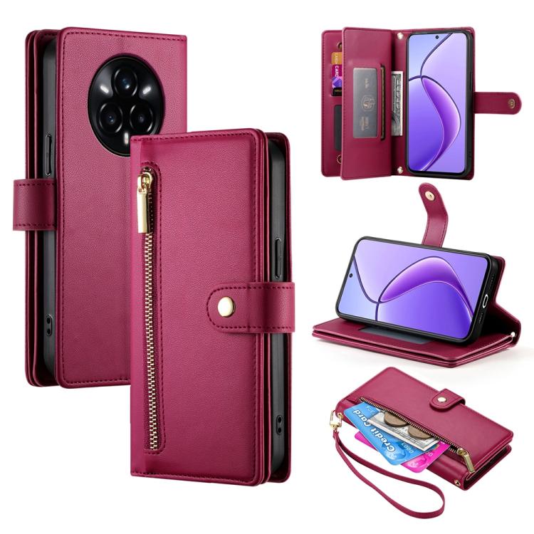 

For Realme 14 Pro+ Nine Card-slot Zipper Wallet Bag Leather Phone Case(Red)