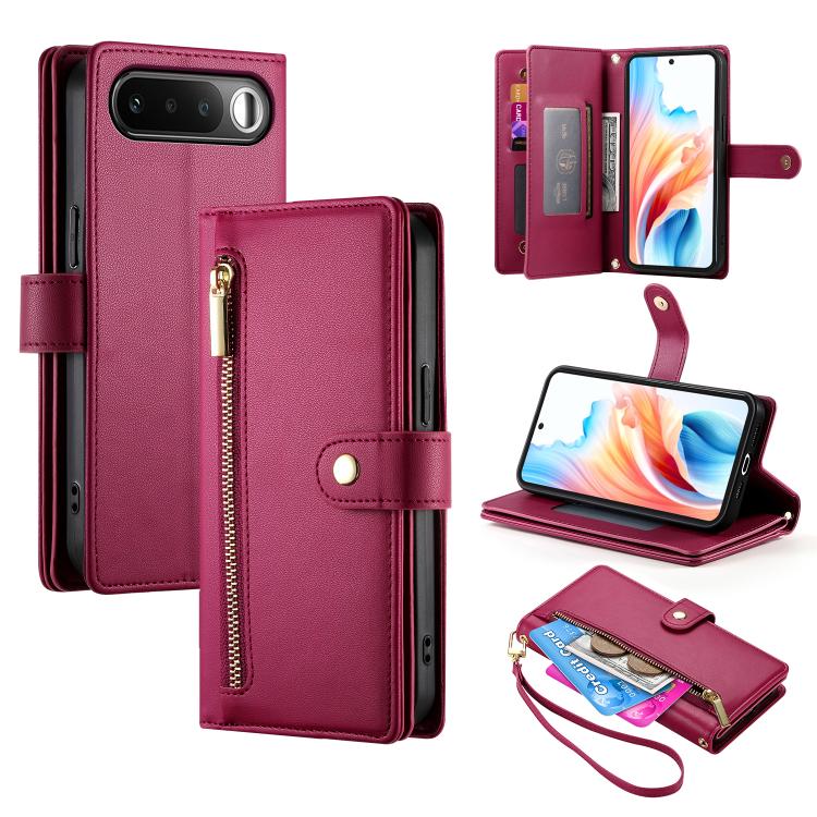 

For Realme 16 5G Nine Card-slot Zipper Wallet Bag Leather Phone Case(Red)