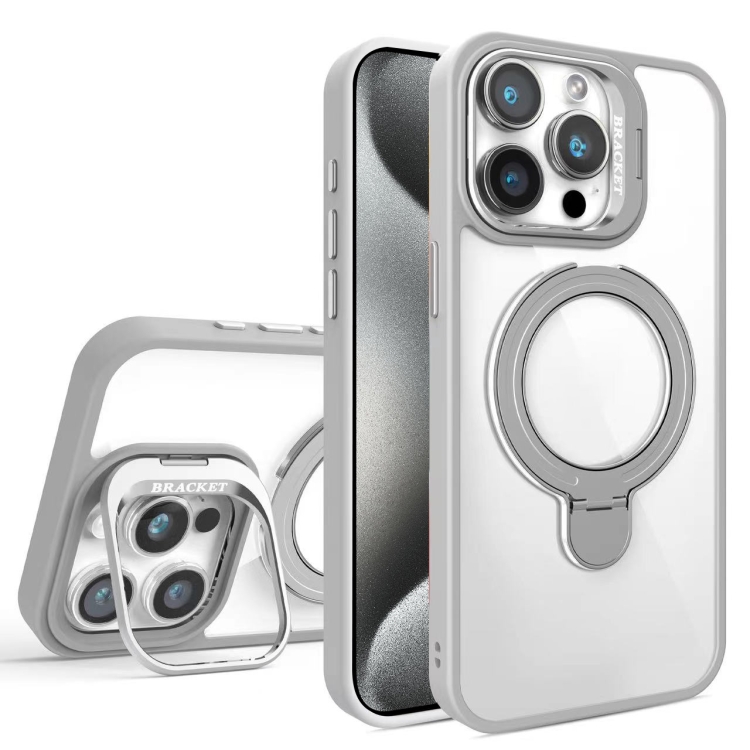 

For iPhone 15 Pro Max Lens Protection & Ring Bracket MagSafe Phone Case(Grey)