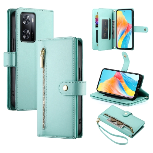 

For OPPO A78 5G / A58 5G / A58x / A1x Nine Card-slot Zipper Wallet Bag Leather Phone Case(Mint Green)