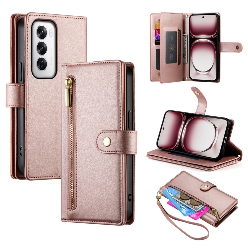 

For OPPO Reno12 Global Nine Card-slot Zipper Wallet Bag Leather Phone Case(Pink)