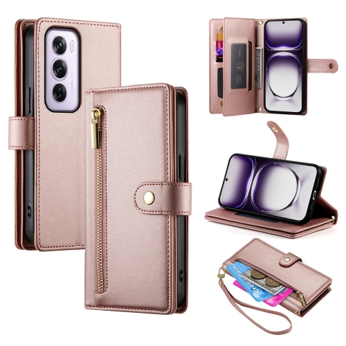 

For OPPO Reno12 Pro Global Nine Card-slot Zipper Wallet Bag Leather Phone Case(Pink)