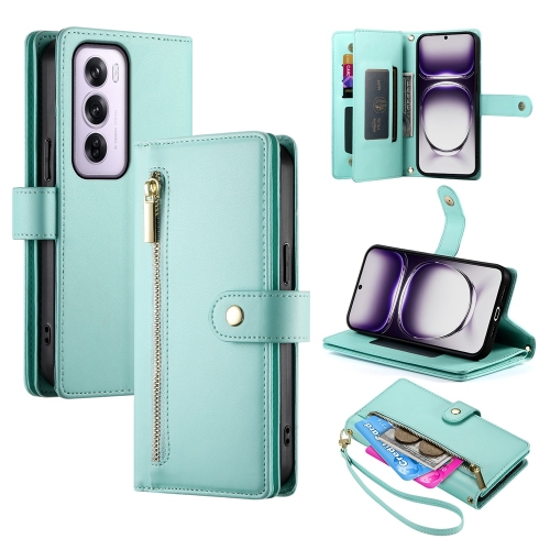 

For OPPO Reno12 Pro Global Nine Card-slot Zipper Wallet Bag Leather Phone Case(Mint Green)