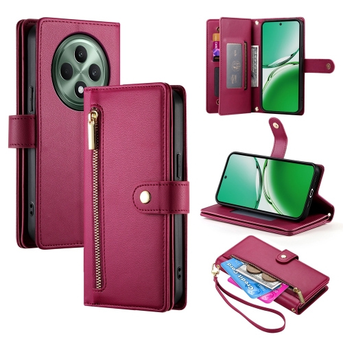 

For OPPO Reno12 F 4G / 5G / F27 India Nine Card-slot Zipper Wallet Bag Leather Phone Case(Red)