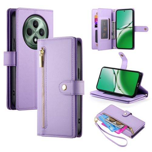 

For OPPO Reno12 F 4G / 5G / F27 India Nine Card-slot Zipper Wallet Bag Leather Phone Case(Purple)