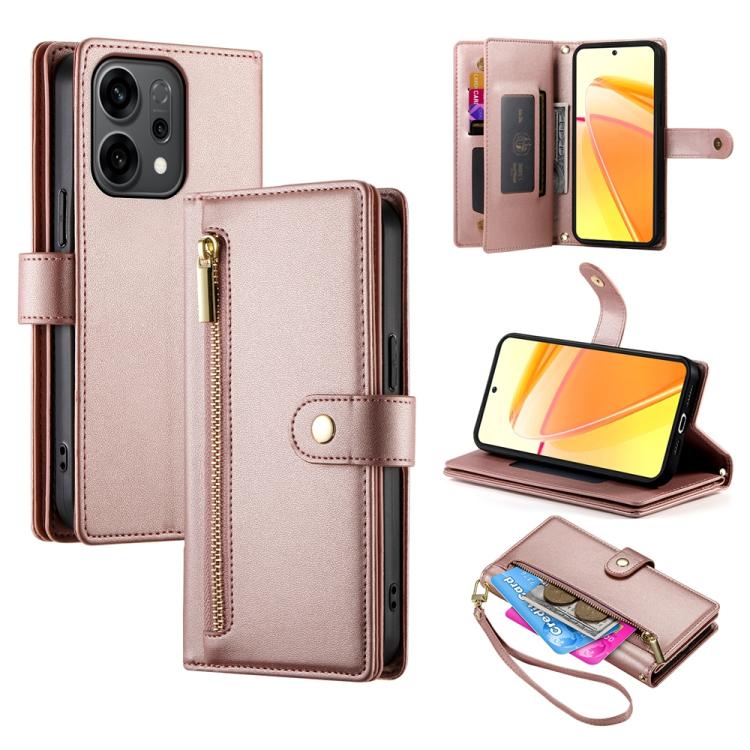 

For OPPO Reno14 Global / Reno14 F 5G Nine Card-slot Zipper Wallet Bag Leather Phone Case(Pink)