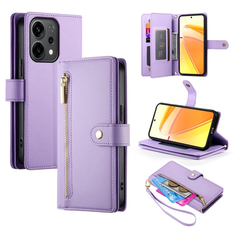 

For OPPO Reno14 Global / Reno14 F 5G Nine Card-slot Zipper Wallet Bag Leather Phone Case(Purple)