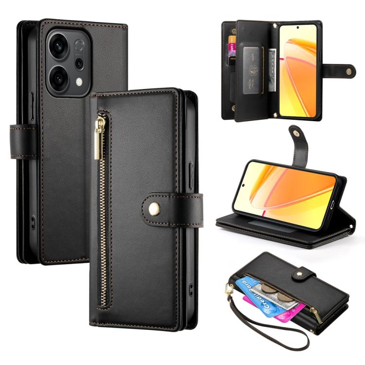 

For OPPO Reno14 Global / Reno14 F 5G Nine Card-slot Zipper Wallet Bag Leather Phone Case(Black)