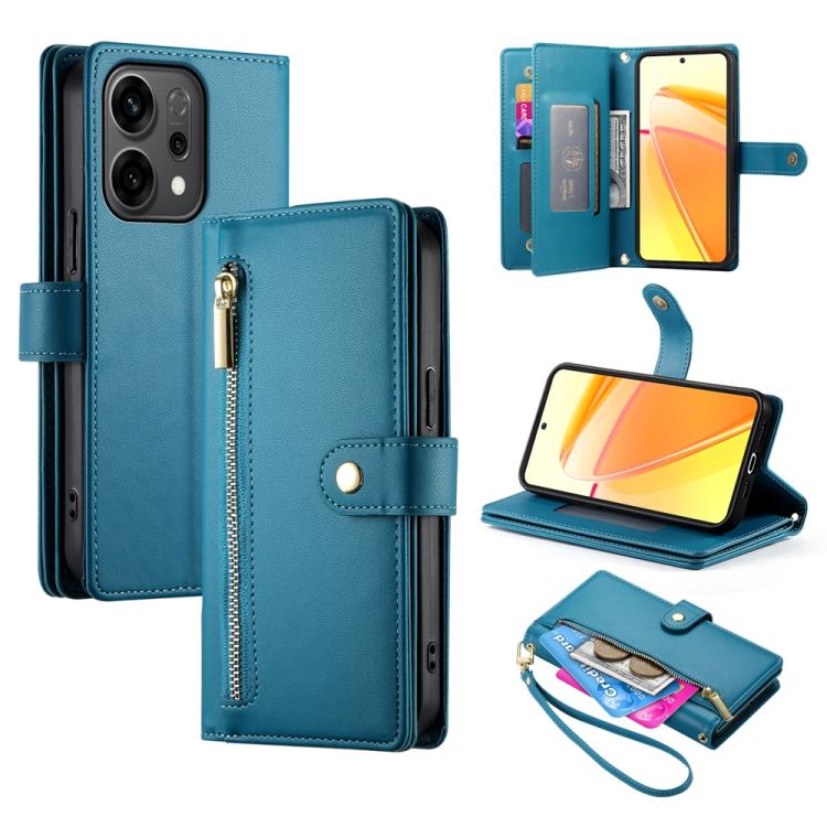 

For OPPO Reno14 Global / Reno14 F 5G Nine Card-slot Zipper Wallet Bag Leather Phone Case(Blue)